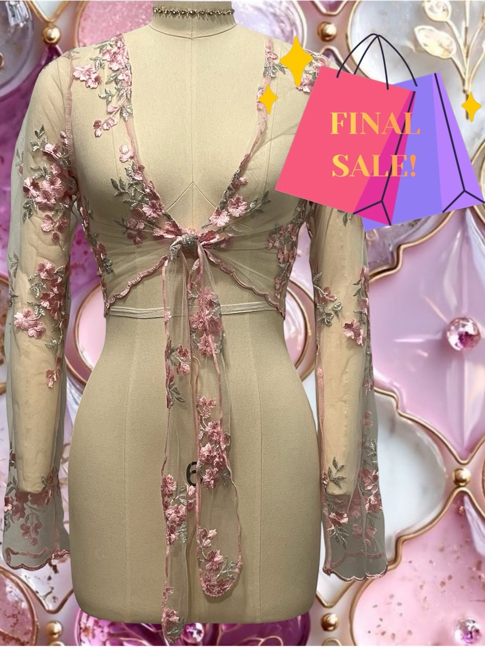 Fairy Floral Embroidered Mesh Tie-Front Top